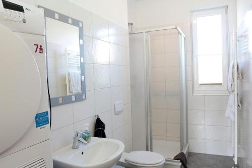 a bathroom with a sink and a toilet and a shower at Ferienwohnung-Bieberblick in Greifswald