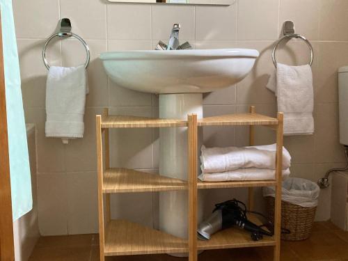 une salle de bain avec un lavabo et une étagère avec des serviettes dans l'établissement Casa planominguero, à Taull