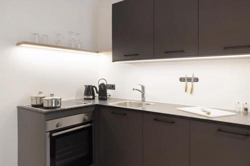 a kitchen with a sink and a counter top at Archehof Hochzirm Lodge Franz in Campo Tures