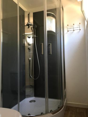 a shower in a bathroom with a glass shower stall at La Ferme des Cailletiers chez Marco in Lucéram