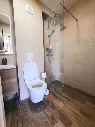 a bathroom with a toilet and a glass shower at Montenegro Sea Pearl Apartments Petrovac in Petrovac na Moru