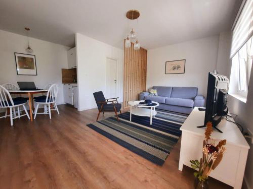 a living room with a blue couch and a table at Montenegro Sea Pearl Apartments Petrovac in Petrovac na Moru