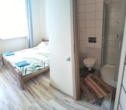 a bathroom with a bed and a shower and a toilet at Babilonas in Plungė
