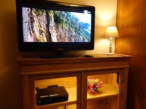 een flatscreen-tv zittend op een kast bij Chambre d'hôte Saint-Symphorien Mons in Bergen