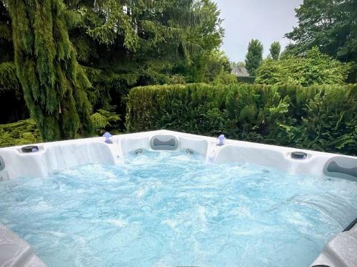 a hot tub in a garden with blue water at Villa 250m2 avec PISCINE chauffée & SPA & kota-grill & sauna in Saint Die