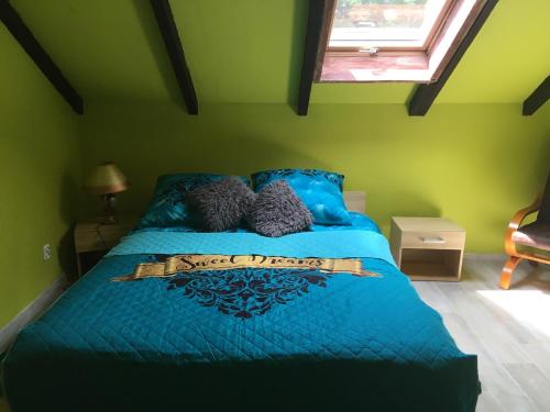 a bedroom with a bed with blue sheets and a window at Agroturystyka Pod Dębami w Klukach in Smołdzino
