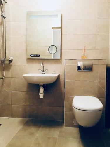 a bathroom with a sink and a toilet and a mirror at Maggie janes cottage Carlingford omealth in Ó Méith