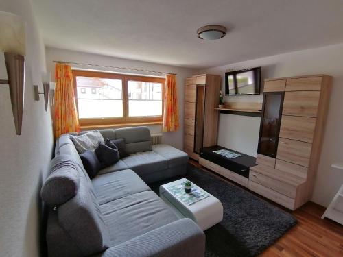 a living room with a couch and a television at Ferienhaus ANDREA in Ramsau im Zillertal
