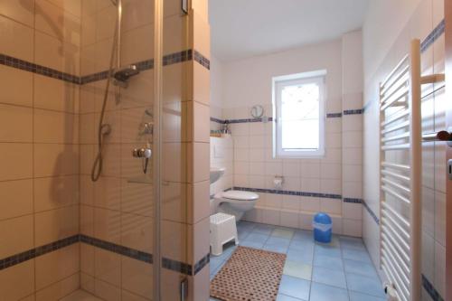 une salle de bain avec douche et toilettes dans l'établissement DHH Wald, à Kellenhusen