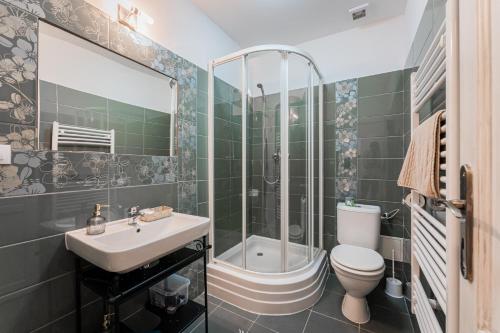 a bathroom with a sink and a toilet and a shower at Penzion U Babky bylinkářky in Kutná Hora