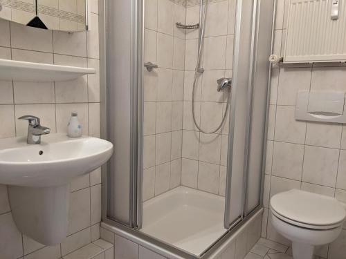 ein Bad mit einer Dusche, einem Waschbecken und einem WC in der Unterkunft Luv & Lee - Meerblick 34 in Sankt Peter-Ording