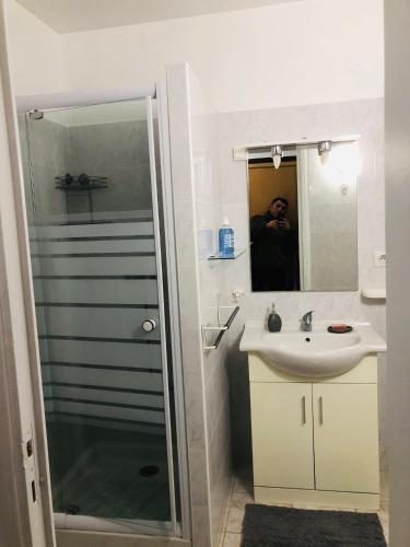 un bagno con doccia, lavandino e specchio di RESIDENCE CEZANNE a Gréoux-les-Bains