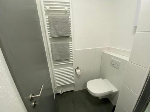 uma pequena casa de banho branca com um WC e um lavatório. em Ferienwohnung Frieda mit überdachtem Balkon em Winterberg