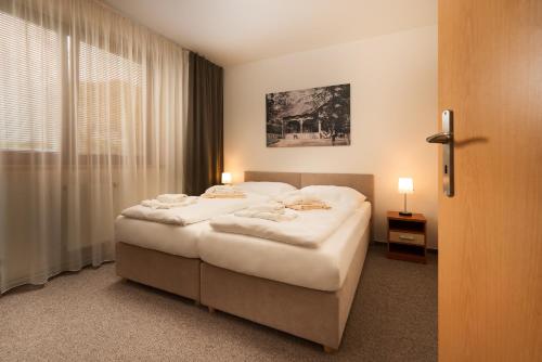 a hotel room with two beds and a window at Hotel Termál in Vyhne