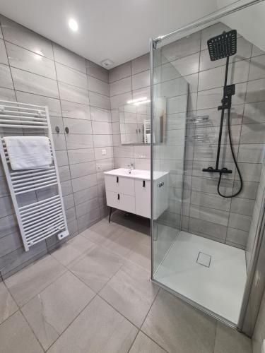 ein Bad mit einer Dusche und einem Waschbecken in der Unterkunft Cottage Naomie in Rue