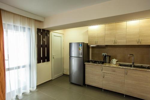 a kitchen with a stainless steel refrigerator and a sink at Crystal Hill Resort in Bakuriani