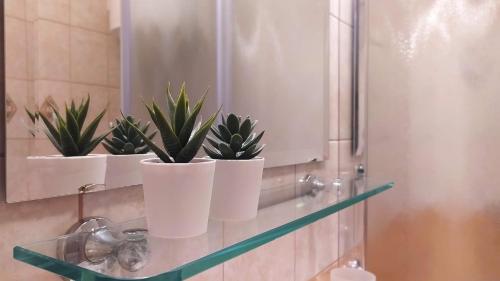 three plants in white pots on a shelf in a bathroom at Garden apartment with a View in Postira