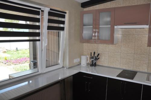 a kitchen with a counter top and a window at Дачний будинок in Kobelyaky