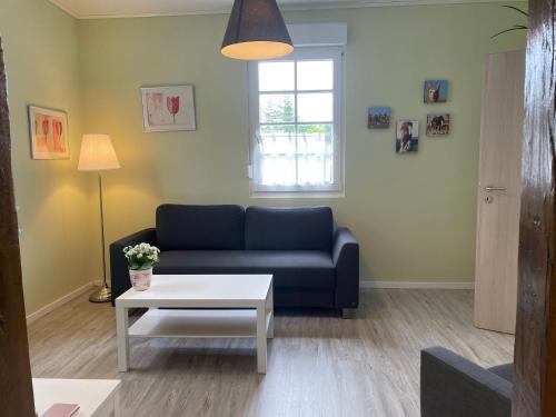 a living room with a blue couch and a table at Molehill Shire in Hückeswagen