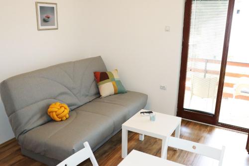 a living room with a gray couch with a pumpkin on it at Zeleno srce in Soko Banja