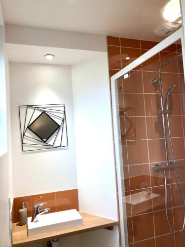 une salle de bain avec un lavabo et une douche dans l'établissement Nouveau: La cabine du bout du monde - Petit Minou - : votre pied-à-terre breton haut standing [PL01], à Crozon