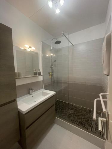 une salle de bain avec une douche et un lavabo et une douche dans l'établissement T2 Proche Plage, à Carqueiranne