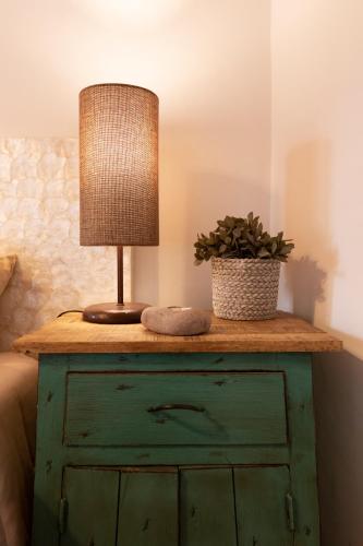 a lamp on top of a green dresser with a plant at Casas de Campo do Castro da Cola in Marchicão