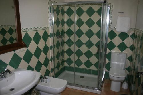 a bathroom with a shower and a toilet and a sink at Casa Rural Las Canteras in Trujillo