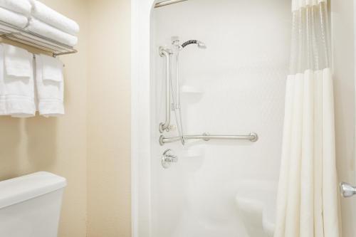 a bathroom with a shower curtain and a toilet at The Inn At Plantation in Weston