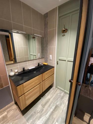 a bathroom with a sink and a large mirror at Céline et Olivier in Pornic