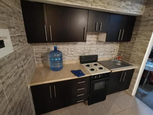 una cocina con fregadero y una botella de agua en la encimera en Casa Magnolia Queretaro TODO INCLUIDO, en Querétaro