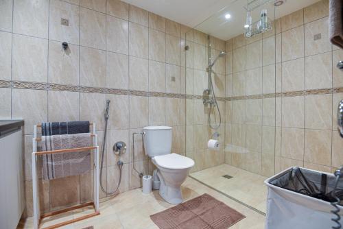 a bathroom with a shower and a toilet in it at Apartamentai Šviesa in Palanga