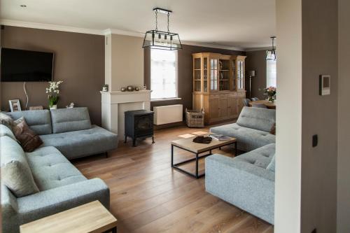a living room with two blue couches and a fireplace at Vakantiewoning Nr63 in Brakel