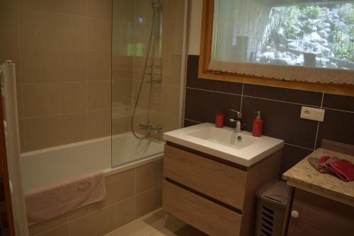 y baño con lavabo, ducha y bañera. en Apartment La Tibolire, en Sixt