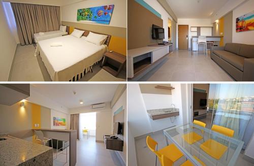 um quarto de hotel com uma cama e uma sala de estar em ENJOY OLIMPIA PARK RESORT - Thermas dos Laranjais em Olímpia