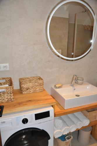 a bathroom with a sink and a mirror at Au Grès des Vignes in Turckheim