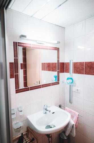 a white bathroom with a sink and a mirror at SennHOF Lechtal in Bach