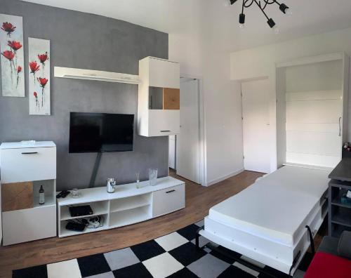 a living room with a bed and a flat screen tv at Apartament nad Kryniczanką in Krynica Zdrój