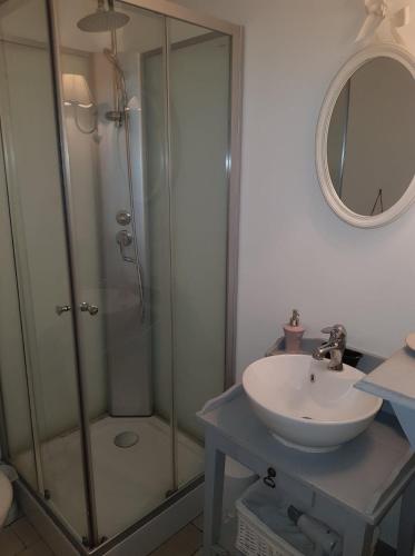 une salle de bain avec une douche, un lavabo et un miroir dans l'établissement Au Petit Nid de Sanguinet, à Sanguinet