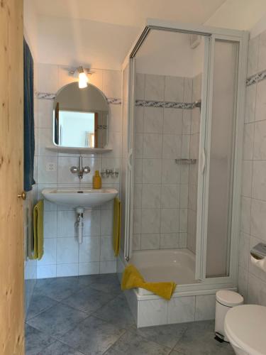 a bathroom with a shower and a sink and a toilet at Waldheim Pension Laax in Laax