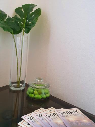 une table avec des livres et un vase avec une plante dans l'établissement Varmy, à Ierápetra