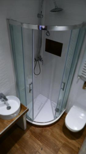 La salle de bains est pourvue d'une douche et d'un lavabo. dans l'établissement Apartamenty Bogusia Korbielów Pilsko, à Korbielów