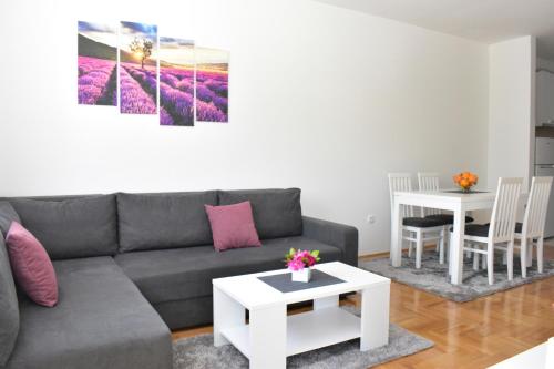 a living room with a gray couch and a table at Apartman Dajana in Trebinje