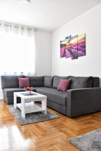 a living room with a gray couch and a white coffee table at Apartman Dajana in Trebinje