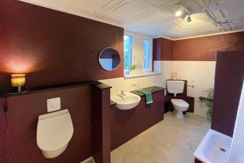 een badkamer met een toilet, een wastafel en een spiegel bij Pension Kirschberg in Bretleben