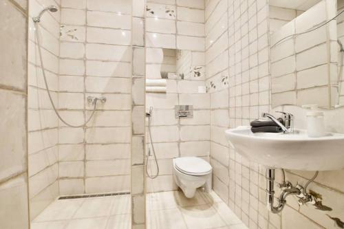 W łazience znajduje się umywalka, toaleta i prysznic. w obiekcie Standard Apartment by Hi5- Rose street's home (225) w Budapeszcie