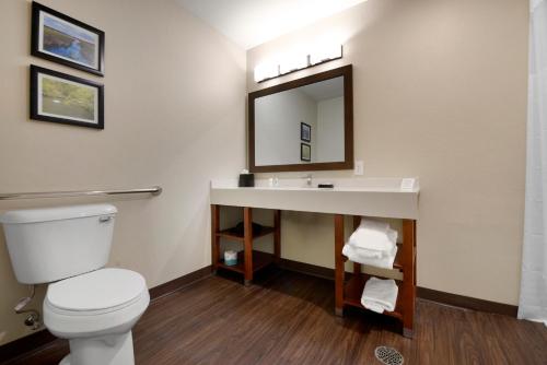 a bathroom with a toilet and a sink and a mirror at Comfort Inn & Suites in Mankato