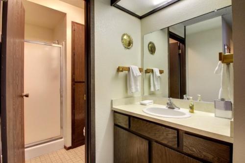 a bathroom with a sink and a mirror and a shower at Giant Steps 34 Ski In-out in Brian Head