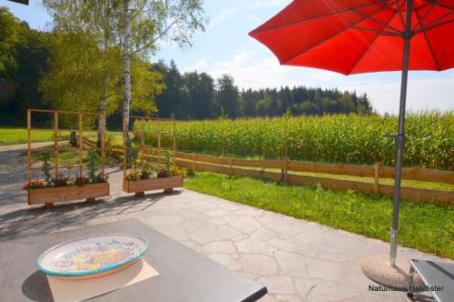 a table with a red umbrella next to a field at Naturhaus Innviertel in Holzöster