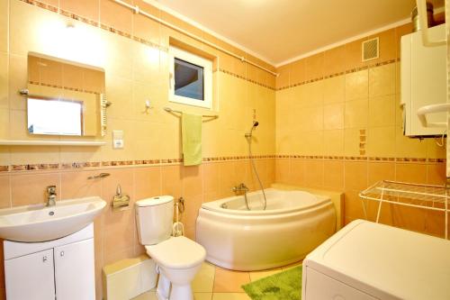 La salle de bains est pourvue de toilettes, d'un lavabo et de toilettes. dans l'établissement Domek letniskowy-całoroczny Michał, à Grzybowo